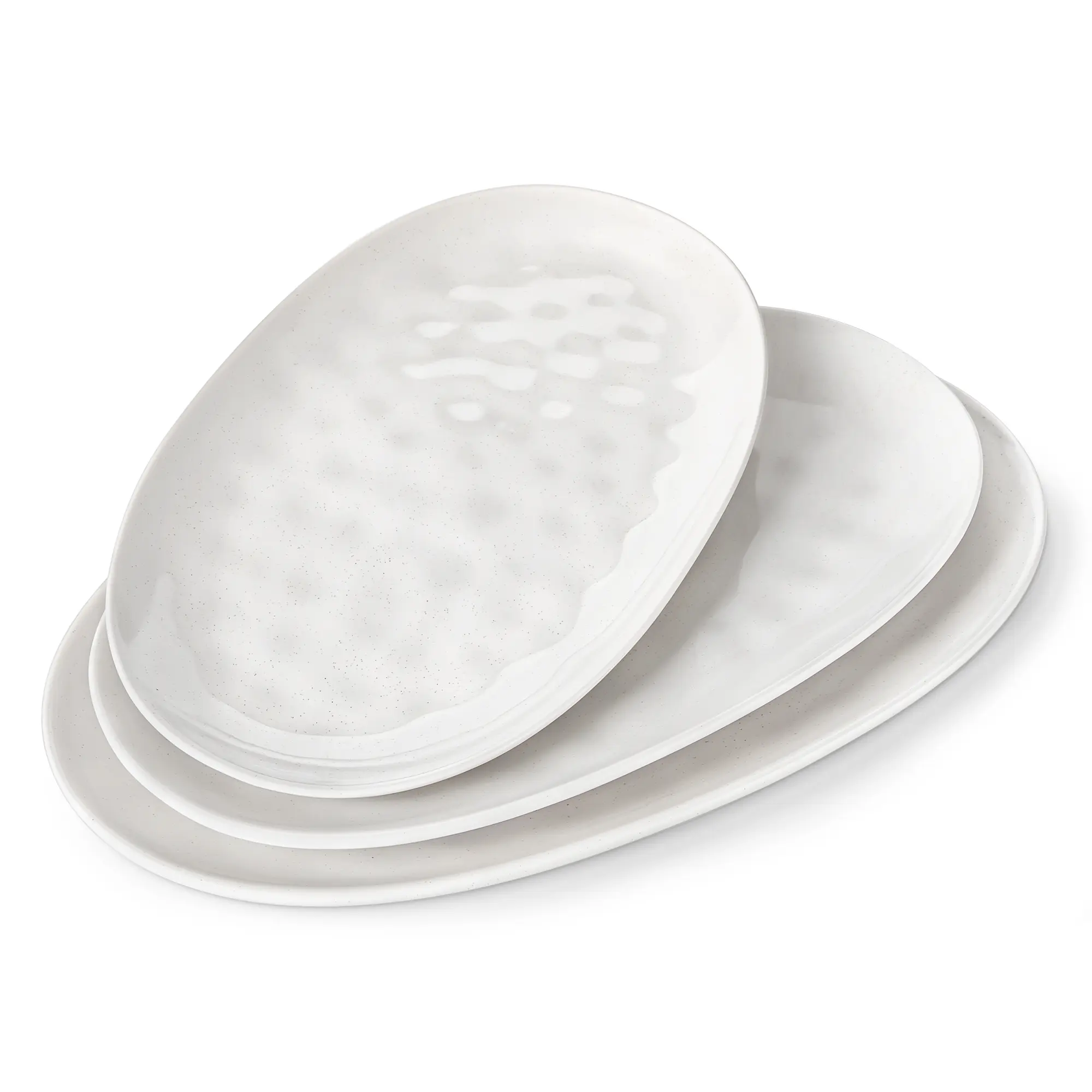 TARA 3-Piece Ceramic Serving Platter Set - 3 Sizes (13.5in, 14.7in, 16in) Oval Ripple Textured Trays, White Stoneware with Natural Terracotta Base for Everyday Farmhouse Appetizers, Entertaining