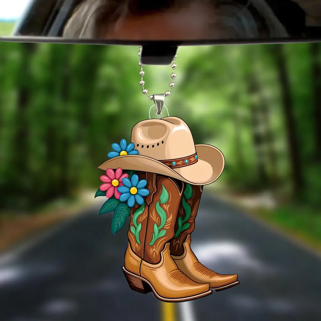 Cowboy Boot & Flower Shaped Car Rearview Mirror Hanging Ornament, Creative Acrylic Car Interior Decoration, Bag And Keychain Accessories, Gift Box Pen