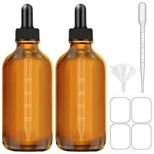 2 Pack 4 oz  Dropper Bottles, Tincture Bottles with Dropper, Glass Serum Bottle with Dropper for Essential Oils with Funnel, Labels & Pipette(Unbreakable Plastic Eye Dropper)