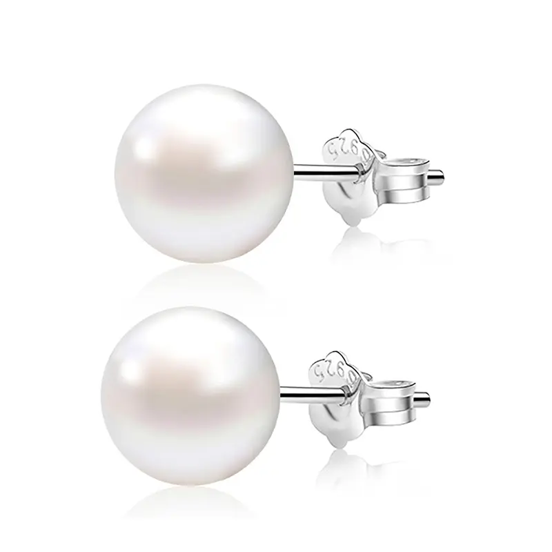 Pearl Earrings Freshwater Pearl White Button Stud Earrings with 925 Sterling Silver for Women