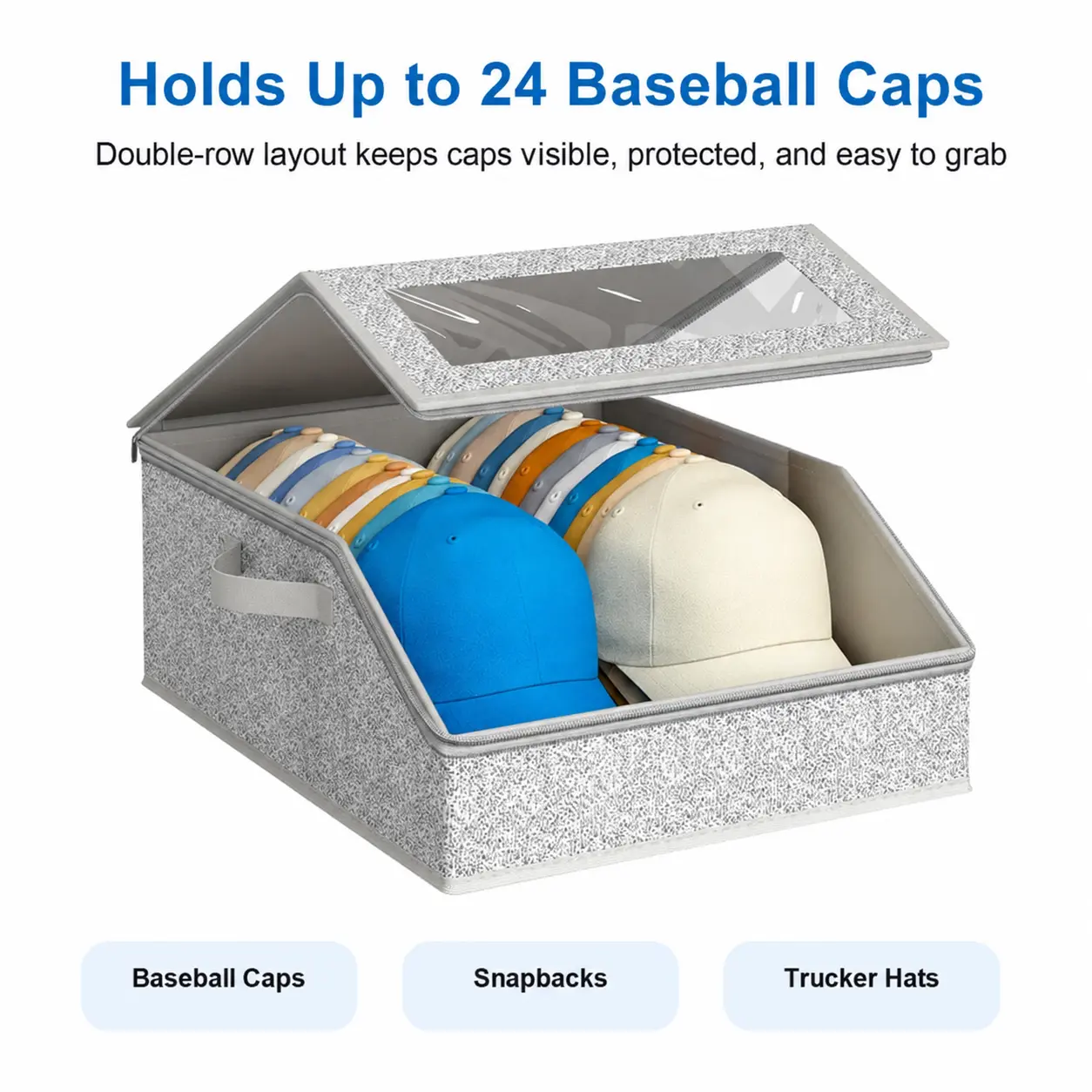 Stackable Baseball Cap Storage Box, Double-Row Hat Organizer Holds Up to 24 Caps, Foldable Closet and Shelf Bin with Transparent Window, Zippered Flip-Top Lid and Portable Handles, Durable Organizers, Multifunctional Storage Solution, Storage Bins