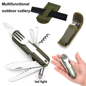 1pc Outdoor Portable Army Green Folding Camping Cutlery Knife Fork Spoon Bottle Opener Tableware Stainless Steel Pocket Cutlery