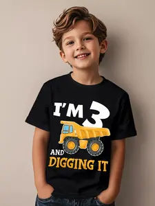 1Three 3yr 3rd Birthday Construction Boy Youngsters Cotton T-shirt, Comfortable And Casual Round Neck Short Sleeves, for Teenager