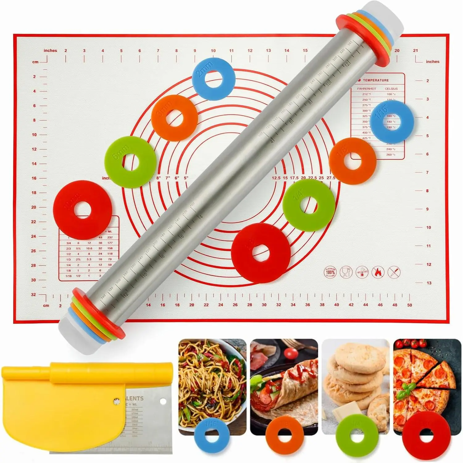 Rolling Pin, Rolling Pins Thickness Rings and Silicone Baking Pastry Mat Set, Stainless Steel Dough Roller Rolling Pins for Baking & Bench Scraper For Pizza, Cookies, Pie, Pasta, Pastries