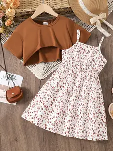 Girl's Plain Crop Top & Ditsy Floral Print Cami Dress Two-Piece Set, Casual Fashion Cozy Cute Two Piece Outfits for Daily Outdoor Wear, Toddler Girls Clothing for Summer