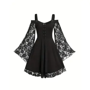 Elegant Gothic Bell Sleeve Dress with Floral Lace Detailing, Black A-Line Mini Dress for Women - Off-Shoulder Design, Polyester, Machine Washable