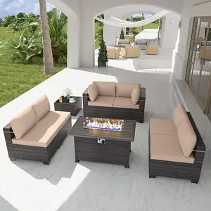 Patio Furniture 7 Pieces Set with Propane Fire Pit Table Outdoor Patio Furniture Outdoor Sectional Sofa 43" Gas Fire with transparent glass cover Pit Patio Conversation Set with Cushions