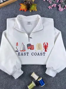 East Coast Embroidered quarter zip Sweatshirt | Coastal Preppy Crewneck | Lighthouse Flag Lobster Sweatshirt