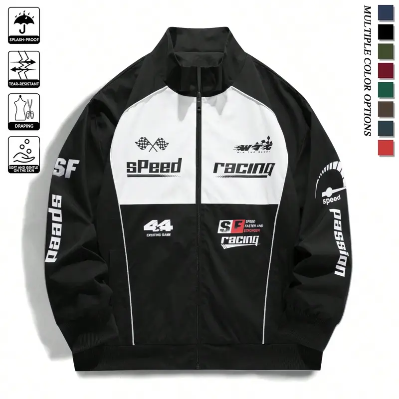 Men's casual stand up collar racing style street style INSY2K jacket, made of durable fabric, decorated with letters and patterns, suitable for cycling, daily wear, sports wear, suitable for spring and summer seasons Green Stylish Longsleeves