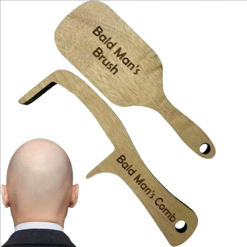 Funny Bald Men Wood Comb Set - 2pcs, Haircare Styling Tool, Christmas Gag Gift for Grandpa, Party Pranks Accessory