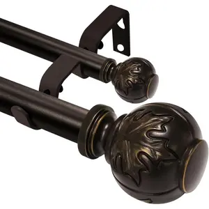 Heavy Duty Adjustable Double Curtain Rod for Windows 28 to 48 Inches - 1 Inch Diameter Decorative Rods with Maple leaf Finials & Sturdy Brackets for Living Room, Bedroom - Easy to Install, Bronze