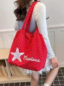New Polka Dot Embroidered Large Capacity Tote Bag, Ocean Element Design Drawstring Closure, Lightweight Foldable Shoulder Bag, Fashionable Daily Use