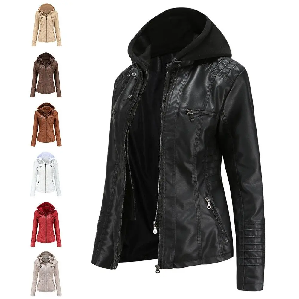 Women Zip Up Hooded Faux Leather Jacket Slim Fit European Style Casual Motorcycle PU Outerwear
