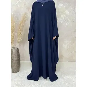 2024RamadanSolidSimpleLooseModestDress,ElegantBatwingSleeveMaxiLengthDress,Women'sClothingdandyBlueGoldAbayaModesty
