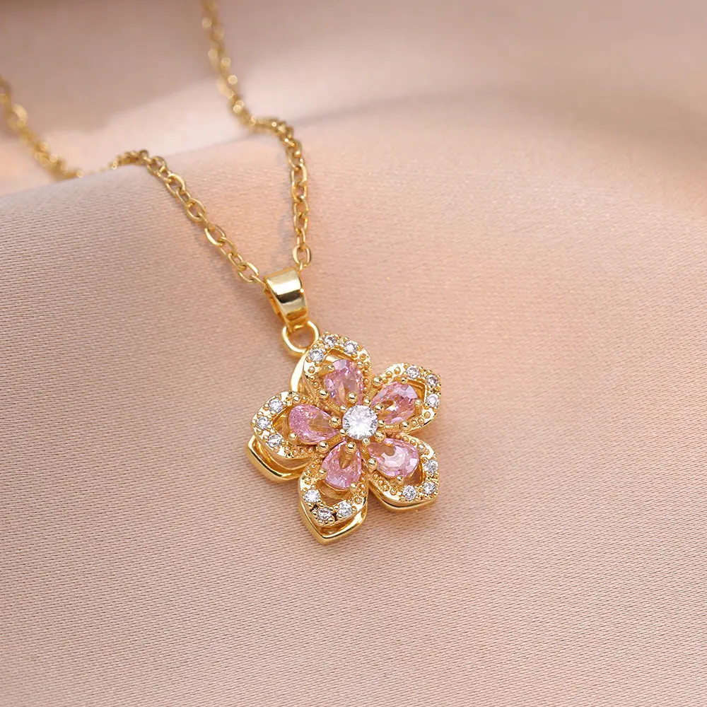Luxury Crystal Flower Pendant Necklace for Women, Gold Plated Floral CZ Charm Necklace, Pink Green Gemstone Blossom Pendant, Elegant Fashion Jewelry, Lucky Statement Necklace, Birthday Anniversary Gift for Her