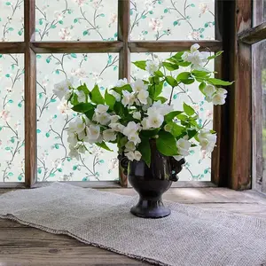 Static Cling Decorative Window  Film - Frosted  Window Film with Jasmine Floral & Stained Glass Design, Adhesive-Free Tint for , Bathroom & Office (17.5" x 157.5")