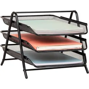 3-Tier Paper Tray, Desktop Organizer, File Storage, Workspace, Office, Metal Mesh, 11.75"L x 13.75"W x 10"H, Black