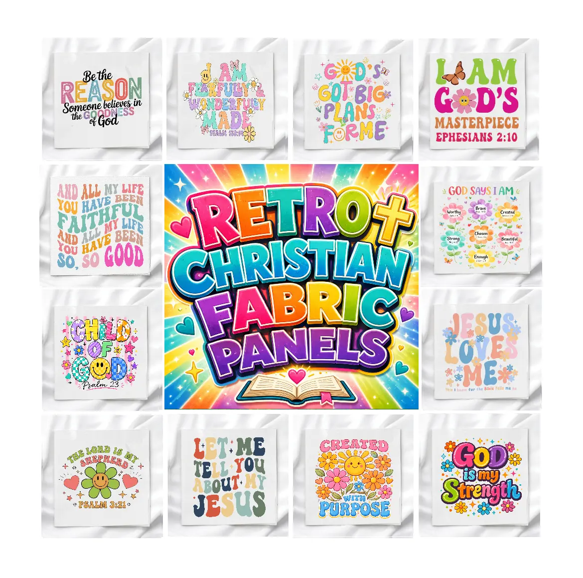 Retro Christian Fabric Panels for Quilting, Sewing, Crafting, Quilt Blocks