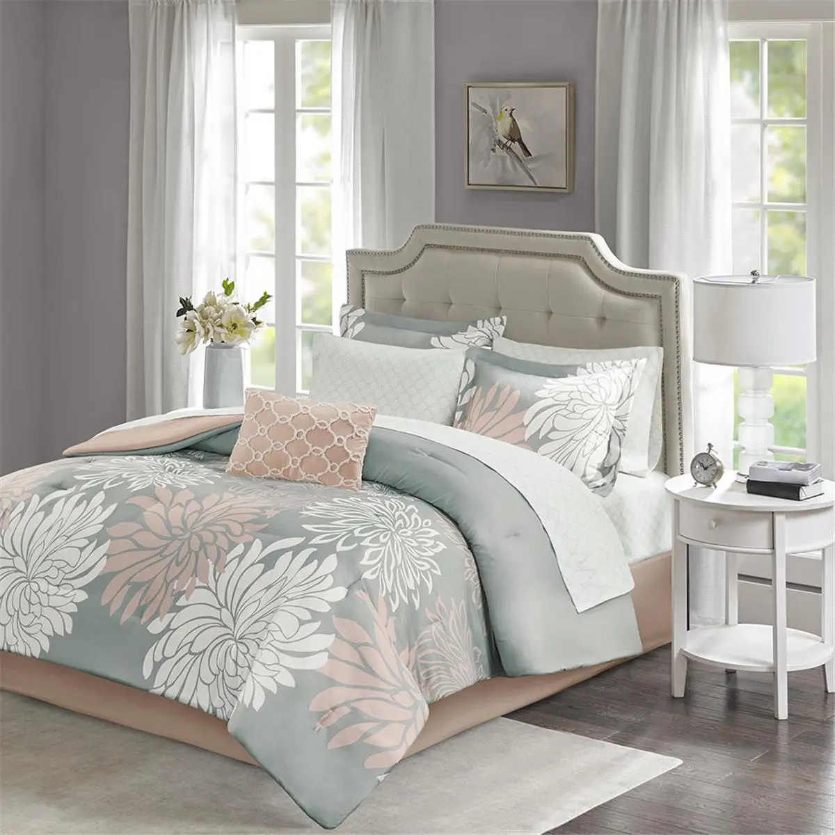 212 MAIN Blush & Grey Anti-Microbe Polyester Fill Reptile & Amphibian Decoration Comforter Set - 9-Piece Queen Size, 100% Polyester, Fits Queen Size Mattress, Comforter Queen Size