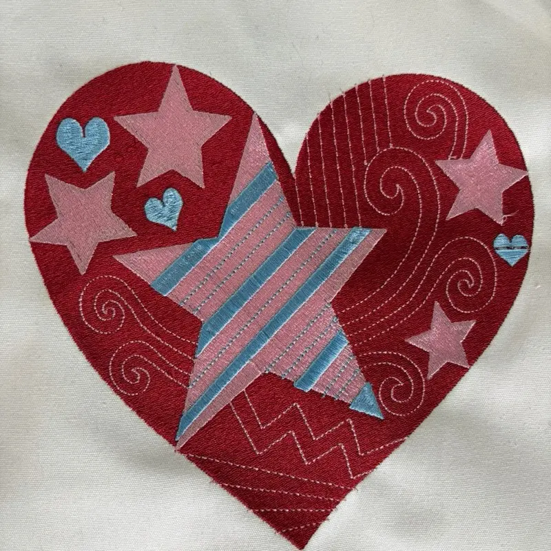 Heart with Stars Embroidery - Red Heart with Pink Stars and Blue Hearts - Perfect for Decorative Projects