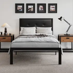 HOOMIC Elegantic Twin/Full/Queen/King Metal Bed Frame, Square Stitched Upholstered Headboard【Frame Only No Mattress】, Classic Button Tufted Design, Faux Leather Finish, No Box Spring Required, Jet Black, #TikTokShopBacktoSchool