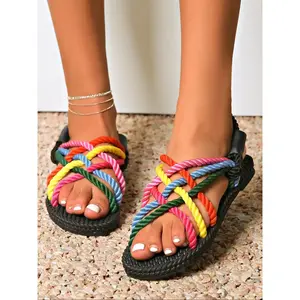 Women's Colorful Rope Braided Design Sandals, Casual Peep Toe Sandals for Summer, Fashionable Shoes for Women & Girls for Beach Vacation, Footwear
