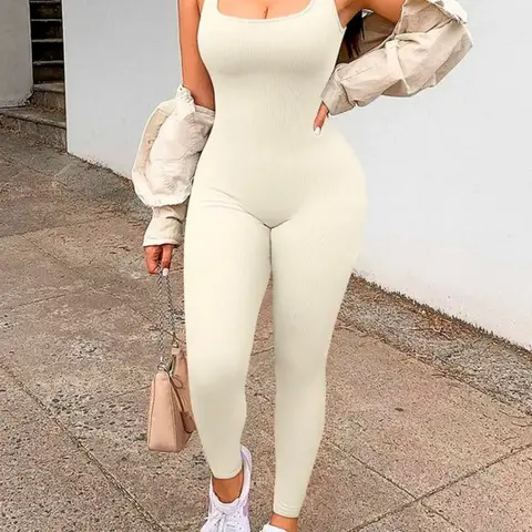 Women's Solid Backless Scoop Neck Ribbed Tank Jumpsuit, Casual Comfy Sleeveless Jumpsuit for Yoga, Gym and Workout, Ladies Clothes for All Seasons, Backless Sports Jumpsuit, Workout Jumpsuits