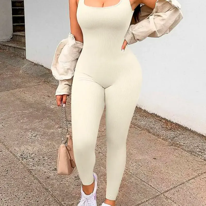 Women's Solid Backless Scoop Neck Ribbed Tank Jumpsuit, Casual Comfy Sleeveless Jumpsuit for Yoga, Gym and Workout, Ladies Clothes for All Seasons, Backless Sports Jumpsuit, Workout Jumpsuits