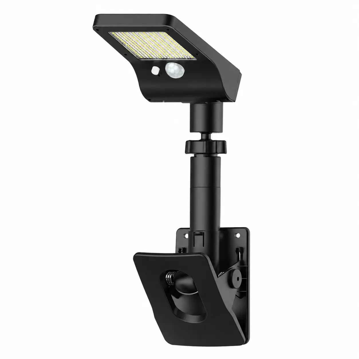 Clip-on solar outdoor motion-sensor light, 92 LEDs, 600 lumens security lighting, three lighting modes, dual charging via solar and USB‑C, 360° adjustable clip-on light, suitable for fences, patios, drainage channels, gardens, and camping