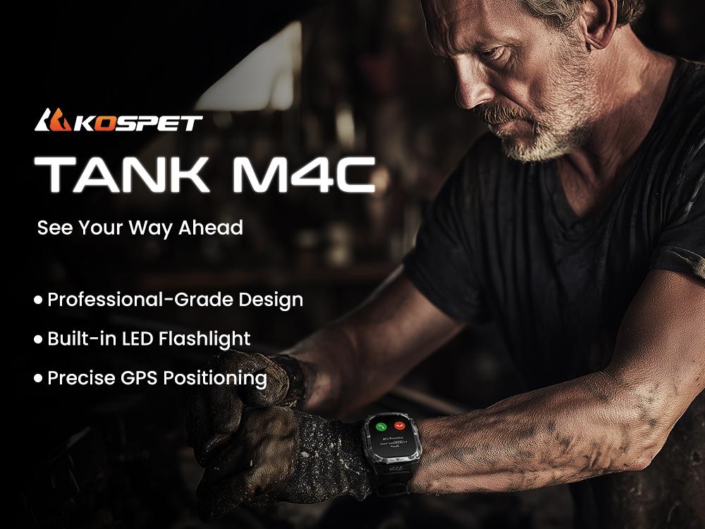 KOSPET Tank M4C Outdoor Smart Watch with GPS, 1.96" AMOLED Display, Built-in LED Flashlight & Walkie-Talkie, Long Battery Life, 50m Waterproof, Bluetooth Calls, 24/7 Heart Rate/Sleep Monitor