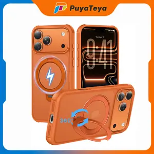 PuyaTeya 360° Rotating Magnetic Cellphone Casing, Adjustable Handle Accessory for iPhone 13/14/15/16/17 Pro/Pro Max, MagSafe-Compatible, Military Drop Protection, Anti-Scratch, Anti-Fingerprint, Shockproof Matt-Transparent for Outdoor Use