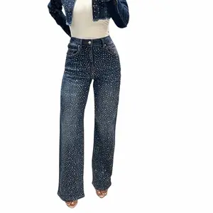 2026 FRONT Pants Rhinestone Denim with Bling Design for Women - Fitted Long Sleeve Casual & Comfortable Everyday Wear - Stretchy Material - Classic Style