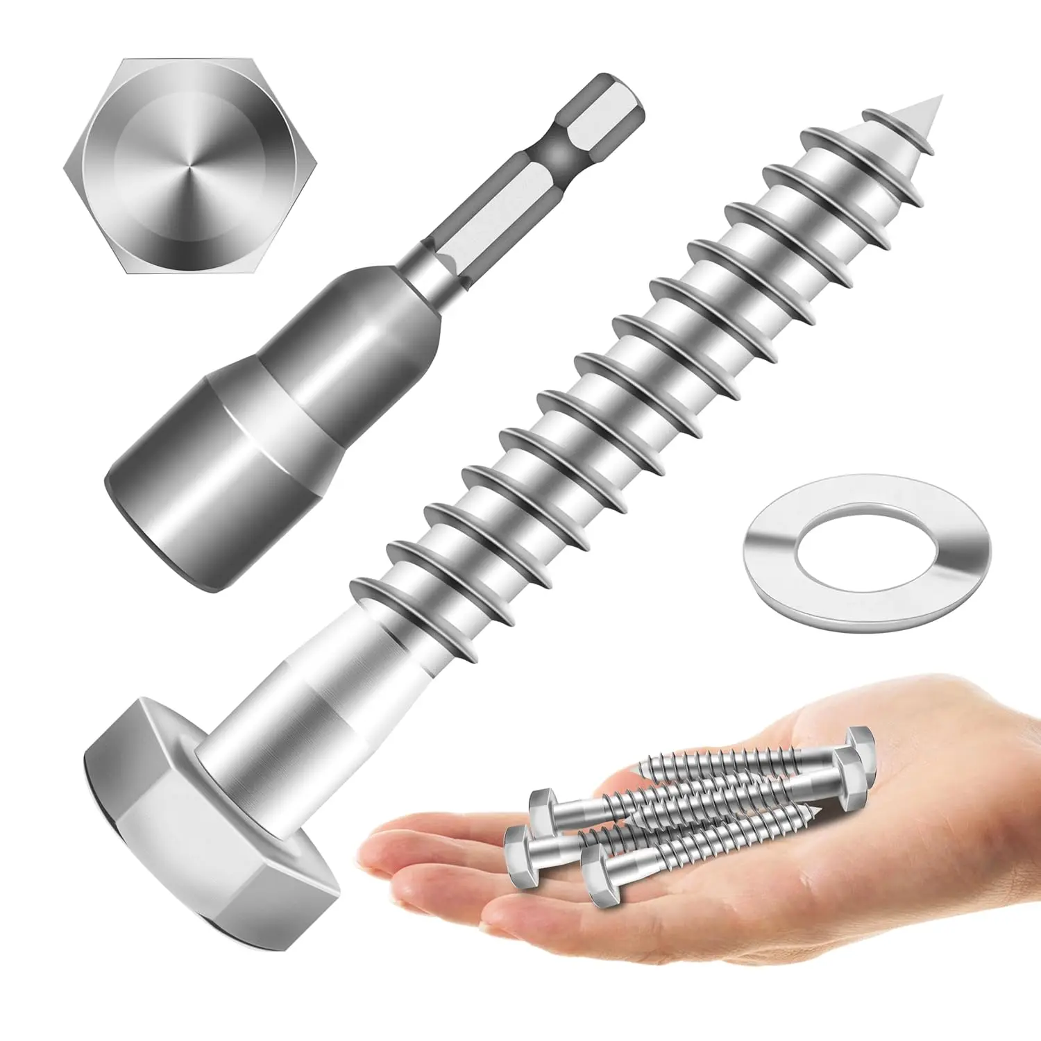 (20Sets) 1/4" x 2" Hex  Lag , Heavy Duty Lag Screws with Washers, 304 Stainless Steel  18-8, Lag Screws  Screws, Partial Thread Bright Finish, 1/4 Bolt by