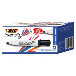 BIC Intensity Low Odor Dry Erase Markers, Assorted Colors, Chisel Tip, 12-Count Pack of Erasable Markers With Low-Odor Ink for a Pleasant Writing Experience