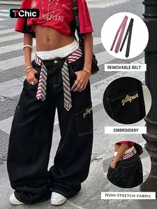 GILIPUR Women's Black Washed Contrast Striped Waistband Wide Leg Jeans, Detachable Striped Tie Detail High Waist Floor Length Baggy Denim Pants with Multi Pockets Gold Embroidery, Y2K Edgy Streetwear Vibe Daily Casual Outfits for Women TChic