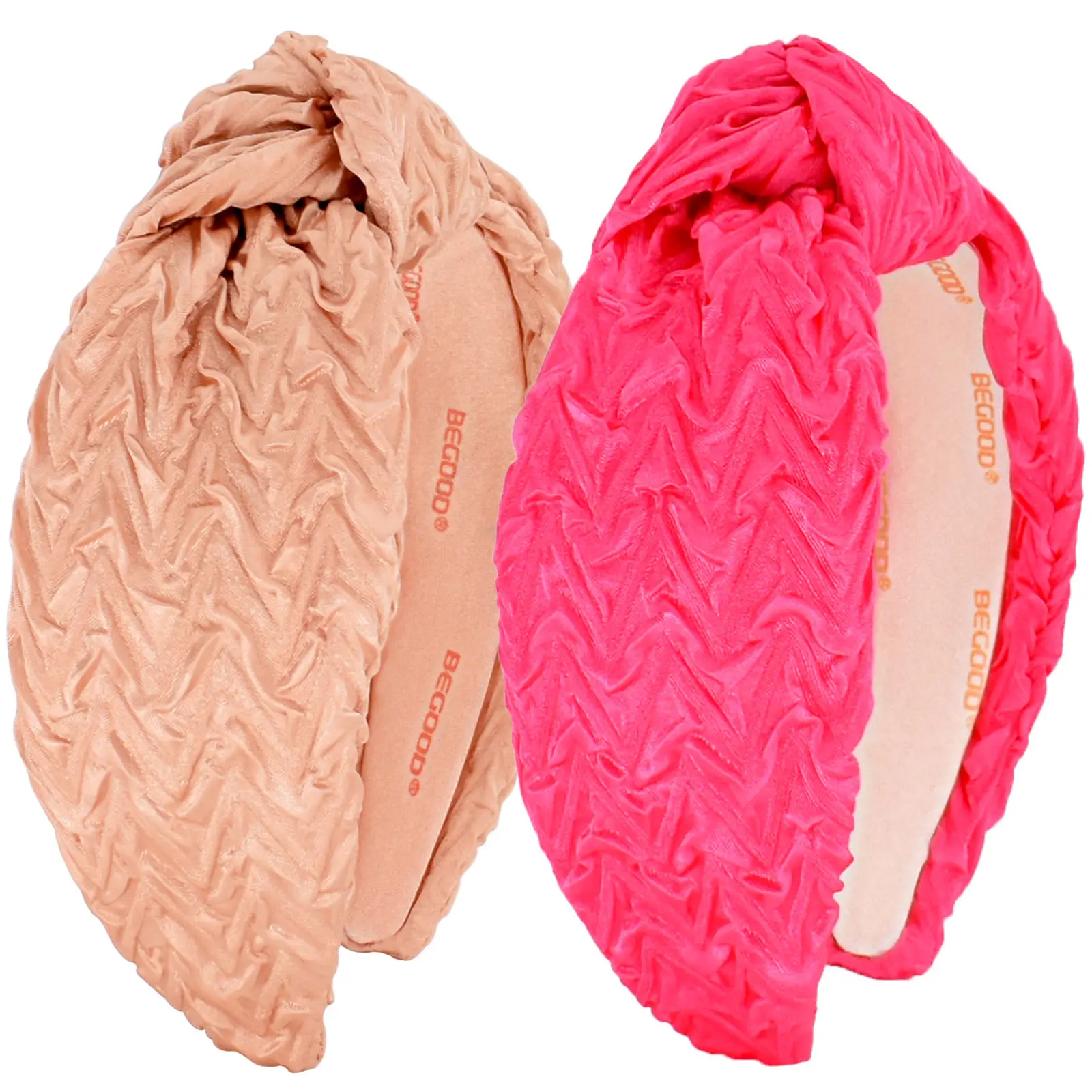 BEGOOD Headbands for Women Womens Knotted Wide Headbands Ruched Headband Pink Fashion Top Knot Hairbands Designer Turban Hair Accessories for Girls 2Pcs