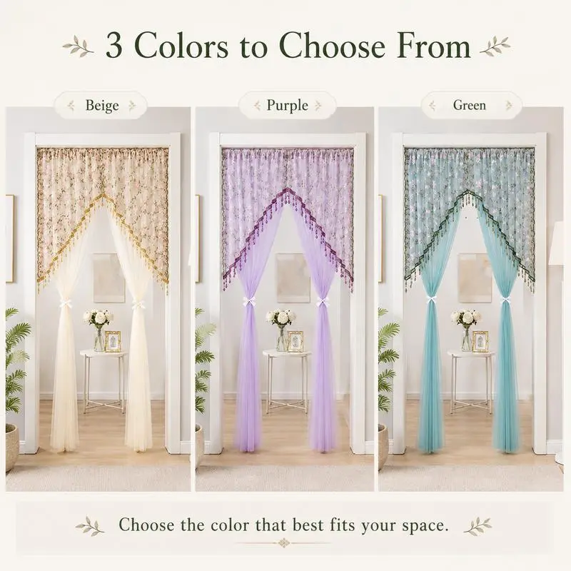 Sheer Floral Doorway Curtain, Elegant Lace Door Curtain with Tassel Trim, Privacy Room Divider for Bedroom, Closet, Kitchen & Apartment