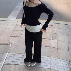 Ballet-style slimming pleated lace trousers with a high-end drape, low-waist, slightly flared wide-leg black pants for women