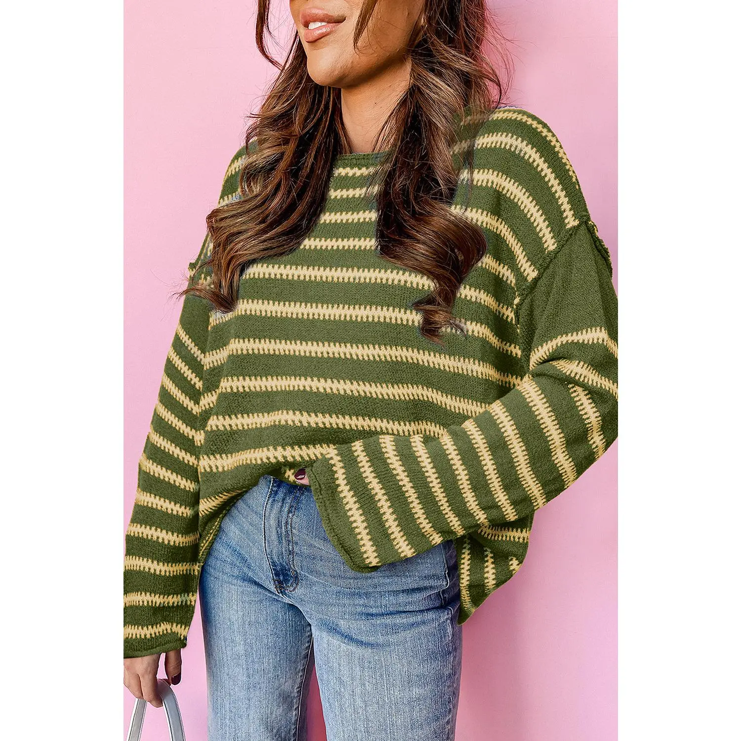 Green Stripe Drop Shoulder Casual Sweater