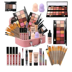 All in One Makeup Kit - 2X14 Eyeshadow Palette, Liquid Foundation, Eyeliner Pencils, Contouring Stick, Lip Gloss, 20Pcs Makeup Brushes (Black)