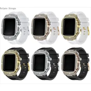 Premium Liquid Silicone Band with Full Screen Diamond-Encrusted Case for Apple Watch, Integrated Modified Strap for Series 7–11/Ultra/SE (44–46mm)