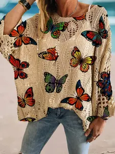 Women's Butterfly Print Long Sleeve Knit Hollow Out Top, Cute Casual Chic Sweater, Elegant Vacation Style Knitwear, Loose Batwing Shoulder Design