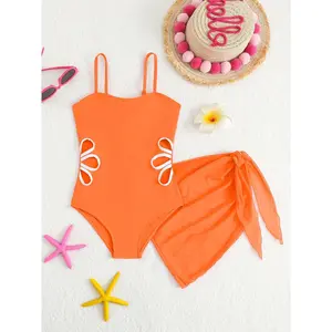 Solid Color Flower Hollow Girls Swimsuit Adjustable Straps One-Piece Girls Swimsuit Beach Wrap Dress Girls Clothing Suitable for 10-12 Years Old Girls Clothes