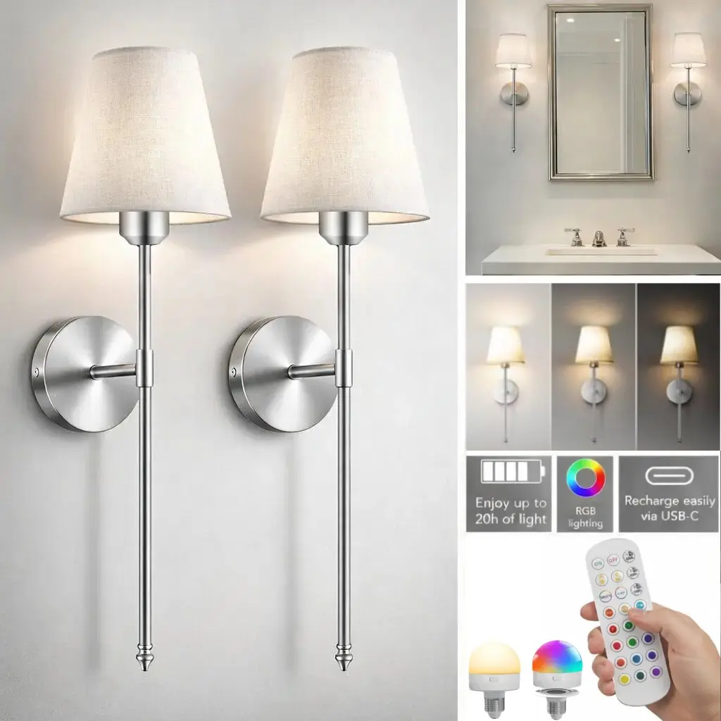 2 Sets Battery Powered Wall Lamps, Gold Rechargeable Wall Lights With Magnetic Detachable Remote Control Bulb, 12 RGB Colors & 3 Color Temperatures, Dimmable Wireless Wall Lamp For Bedroom, Wall Mounted Lights, Bedroom Lighting