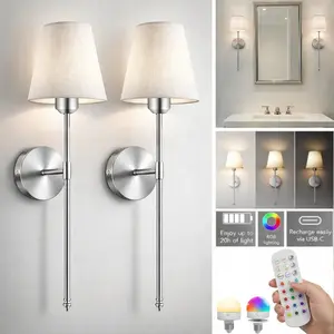 2 Sets Battery Powered Wall Lamps, Gold Rechargeable Wall Lights With Magnetic Detachable Remote Control Bulb, 12 RGB Colors & 3 Color Temperatures, Dimmable Wireless Wall Lamp For Bedroom, Adjustable Leds