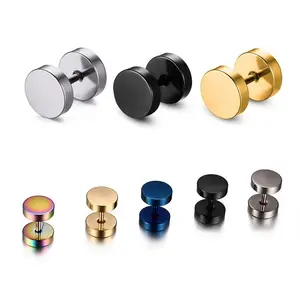 Explosive Titanium Steel Black Barbell Stud Earrings Hip Hop Rock Round Hipster Dumbbell Screw Earrings