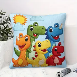 Cartoon Dinosaur Throw Pillow with Insert, Cute Embroidery-Style Dino Print with Sun & Flowers, Decorative Cushion for Couch, Sofa & Bedroom, Playful Style Pillow for Boys & Dinosaur Lovers
