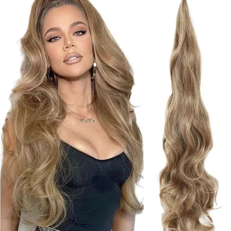 32-Inch Long Wavy Blonde Ponytail Extension, Synthetic Wrap-Around Ponytail Hairpiece for Women, Natural-Looking Wavy Ponytail for Daily Use, Pony Tails Hair Extensions, Synthetic Hairpieces
