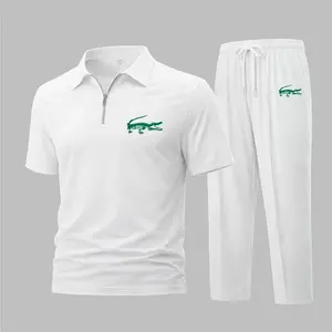 Men's Skeleton Crocodile Print Waffle-Knit Polo Shirt Set, Short-Sleeve Zip-Up Collar Top with Matching Athletic Trousers, Casual Sportswear Outfit