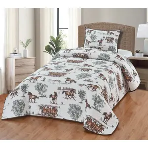 De Leon Collections 63882 Rustic Trail Horses Western Farmhouse Desert Ranch Themed Decorative Quilt Bedding Set / Size: Twin Quilt